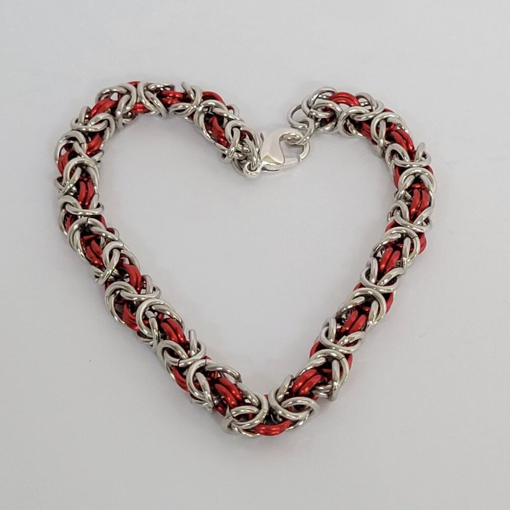 Byzantine Chain Mail Bracelet Red and Silver Aluminum Chainmaille